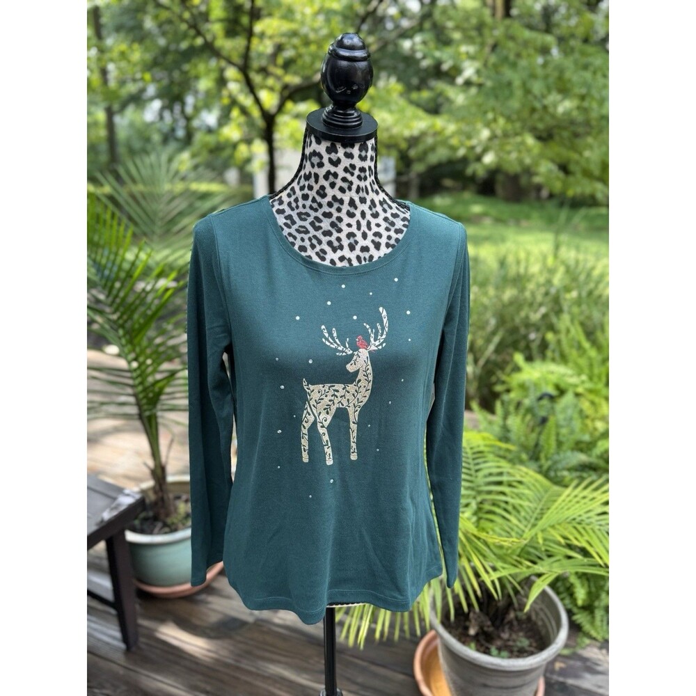 Croft & Barrow Holiday Shirt Christmas Petite S Green Deer Classic T-shirt New